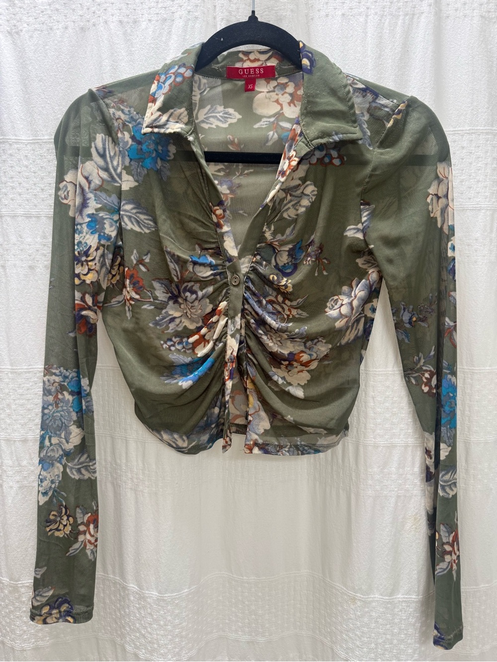 GUESS Y2K Olive Green Floral Ruched Button-Front Long Sleeve Top